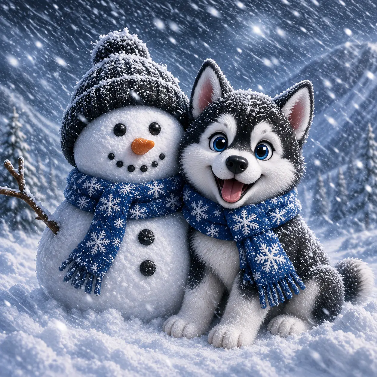 Arctic Inu husky beside a snowman in a snowy camp